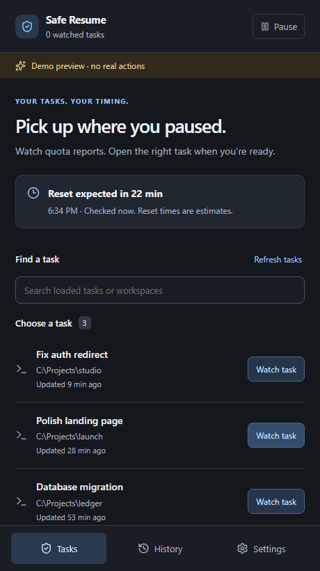 Safe Resume task list showing quota status, task search, and Watch task buttons in its clearly marked demo mode